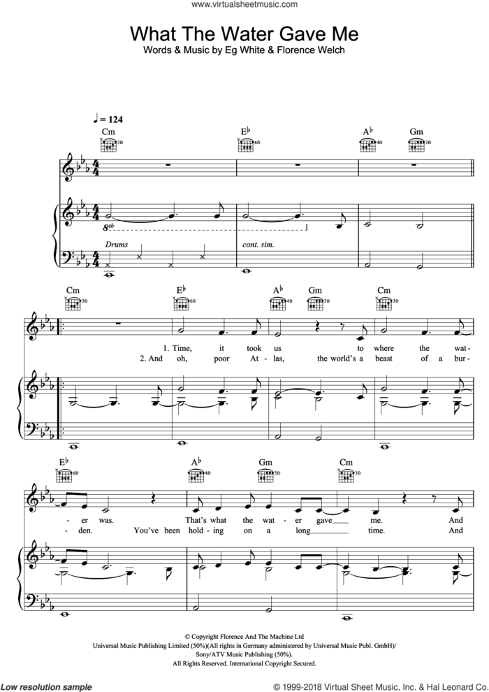What The Water Gave Me sheet music for voice, piano or guitar by Florence And The Machine, Eg White and Florence Welch, intermediate skill level