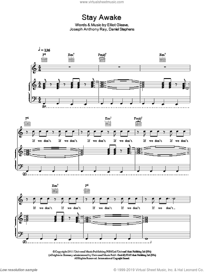 Stay Awake sheet music for voice, piano or guitar by Example, Daniel Stephens, Elliot Gleave and Joseph Ray, intermediate skill level