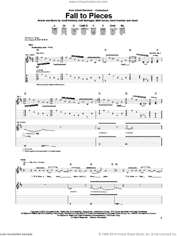 Fall To Pieces sheet music for guitar (tablature) by Velvet Revolver, Dave Kushner, Duff McKagan, Matt Sorum, Scott Weiland and Slash, intermediate skill level