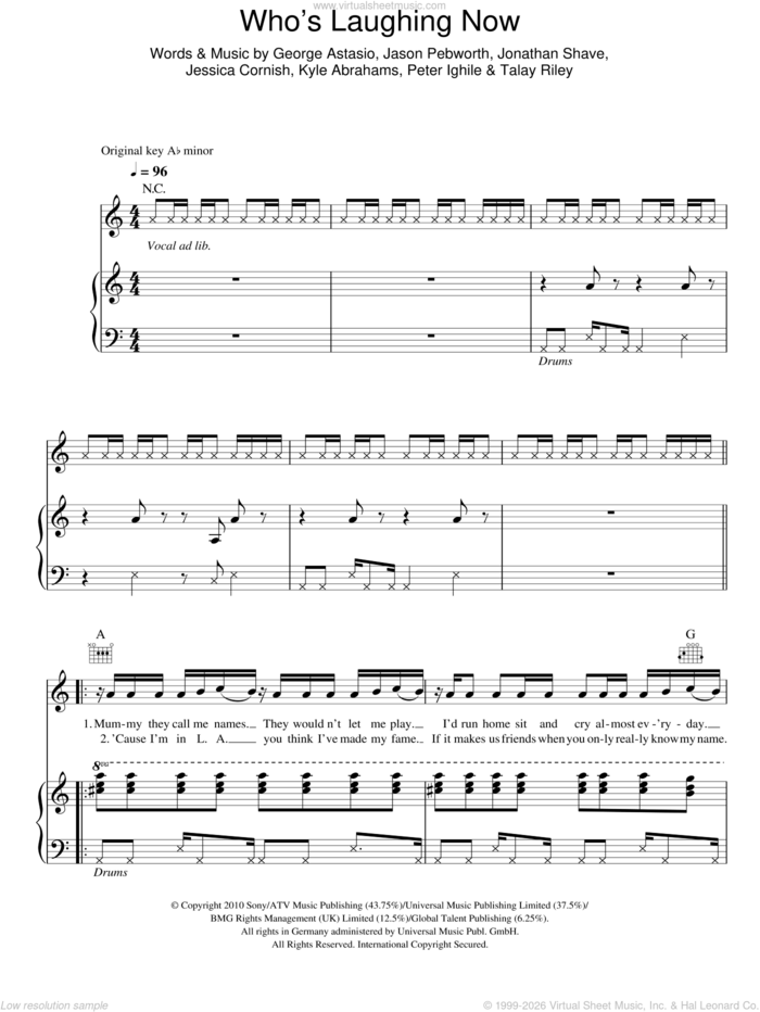 Who's Laughing Now sheet music for voice, piano or guitar by Jessie J, George Astasio, Jason Pebworth, Jessica Cornish, Jonathan Shave, Kyle Abrahams, Peter Ighile and Talay Riley, intermediate skill level