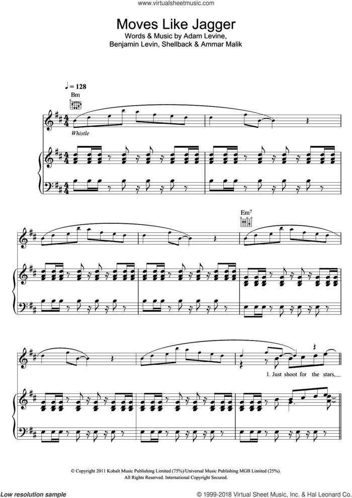 Moves Like Jagger (featuring Christina Aguilera) sheet music for voice, piano or guitar by Maroon 5, Christina Aguilera, Maroon 5 featuring Christina Aguilera, Adam Levine, Ammar Malik, Benjamin Levin and Shellback, intermediate skill level