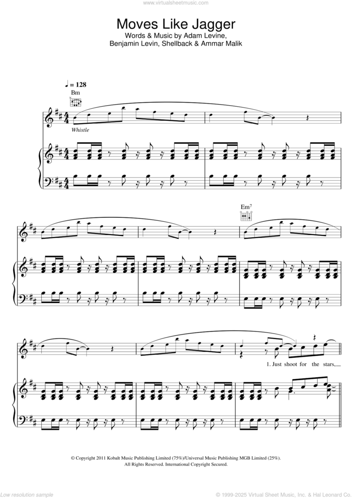 Moves Like Jagger (featuring Christina Aguilera) sheet music for voice, piano or guitar by Maroon 5, Christina Aguilera, Maroon 5 featuring Christina Aguilera, Adam Levine, Ammar Malik, Benjamin Levin and Shellback, intermediate skill level