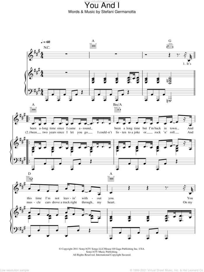 You And I sheet music for voice, piano or guitar by Lady GaGa, intermediate skill level