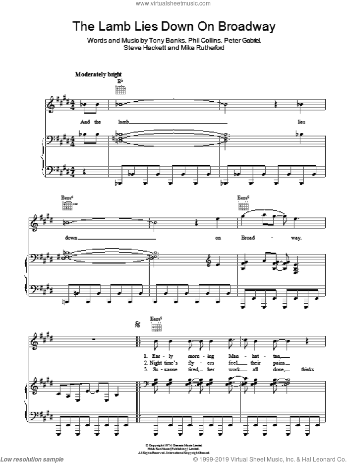 The Lamb Lies Down On Broadway sheet music for voice, piano or guitar by Genesis, Mike Rutherford, Peter Gabriel, Phil Collins, Steve Hackett and Tony Banks, intermediate skill level