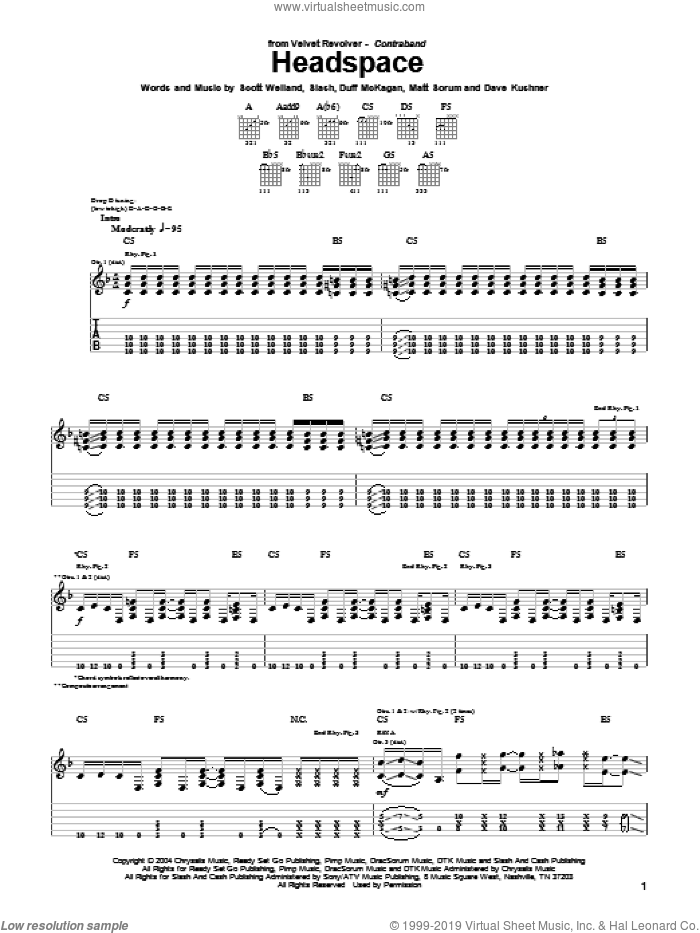 Headspace sheet music for guitar (tablature) by Velvet Revolver, Dave Kushner, Duff McKagan, Matt Sorum, Scott Weiland and Slash, intermediate skill level