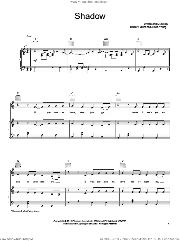 Shadow sheet music for voice, piano or guitar by Colbie Caillat and Justin Young, intermediate skill level
