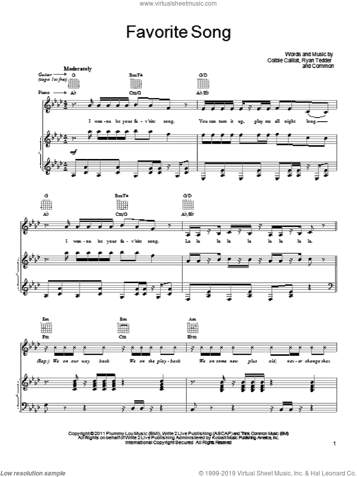Favorite Song sheet music for voice, piano or guitar by Colbie Caillat, Common and Ryan Tedder, intermediate skill level