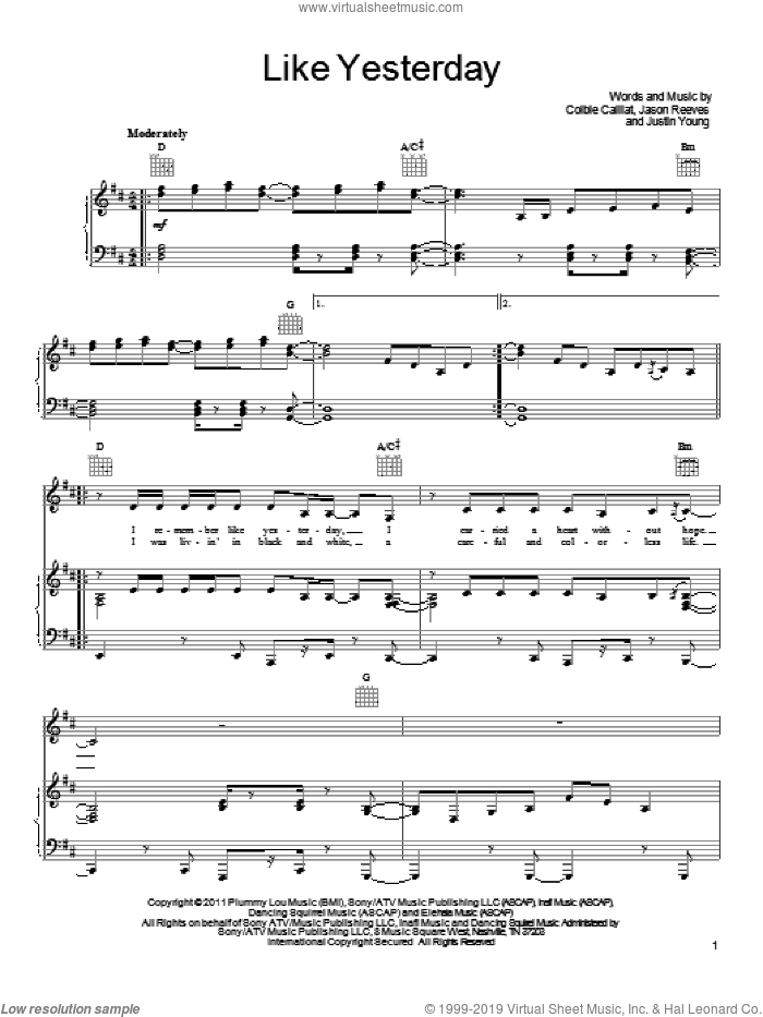 Like Yesterday sheet music for voice, piano or guitar by Colbie Caillat, Jason Reeves and Justin Young, intermediate skill level