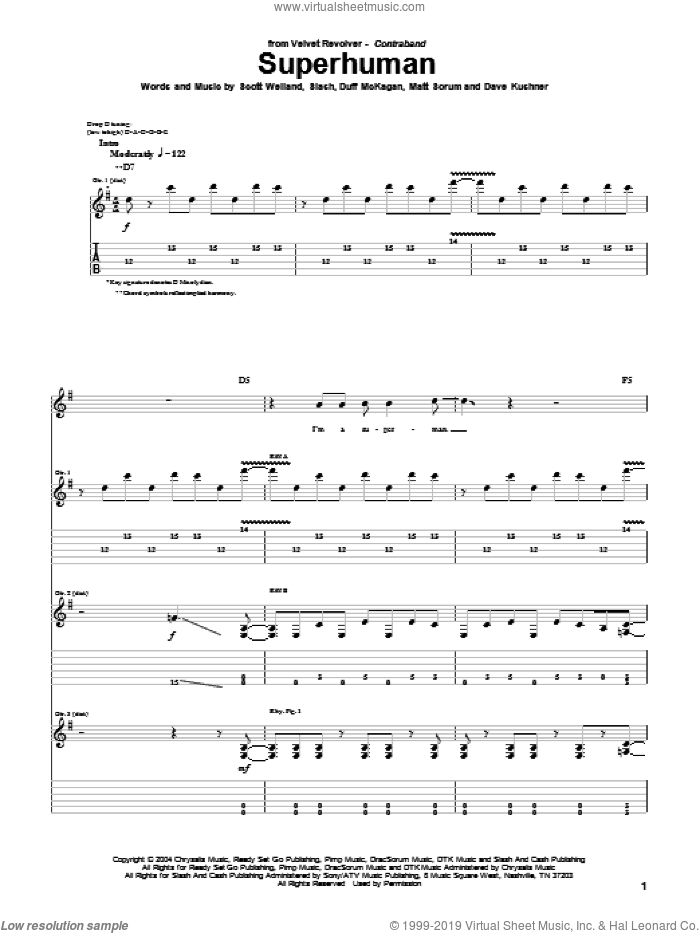 Superhuman sheet music for guitar (tablature) by Velvet Revolver, Dave Kushner, Duff McKagan, Matt Sorum, Scott Weiland and Slash, intermediate skill level