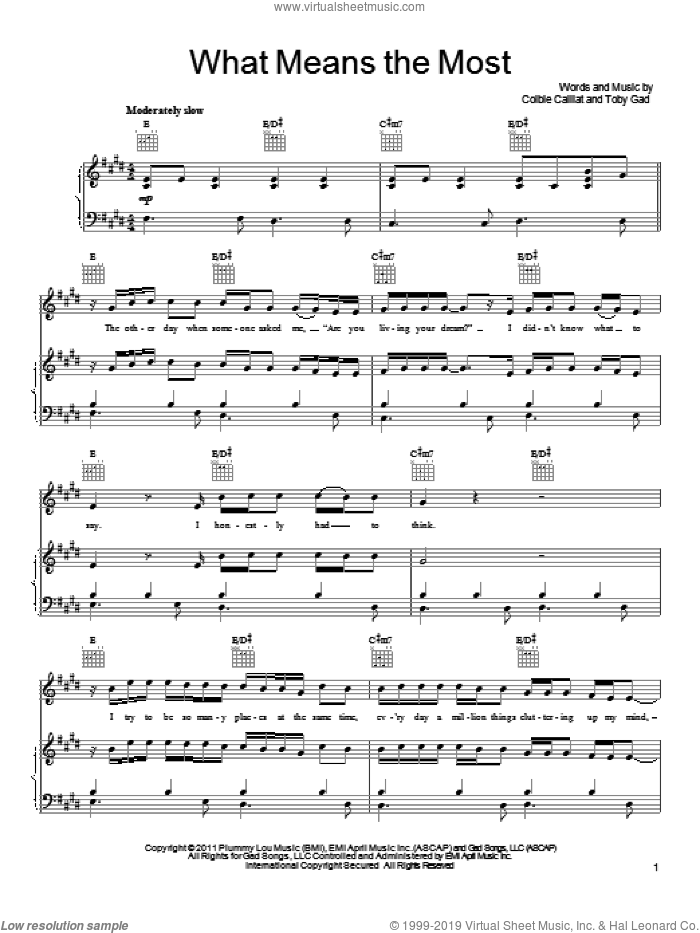 What Means The Most sheet music for voice, piano or guitar by Colbie Caillat and Toby Gad, intermediate skill level