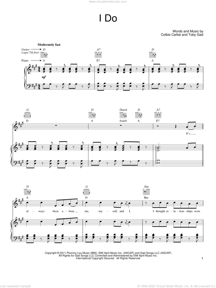 I Do sheet music for voice, piano or guitar by Colbie Caillat and Toby Gad, wedding score, intermediate skill level