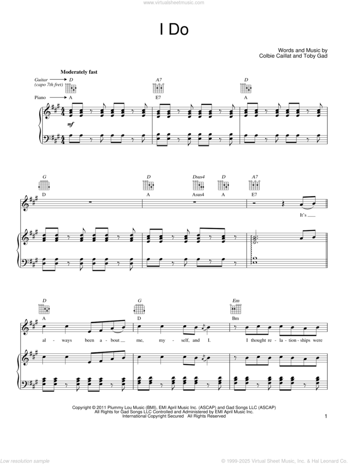 I Do sheet music for voice, piano or guitar by Colbie Caillat and Toby Gad, wedding score, intermediate skill level