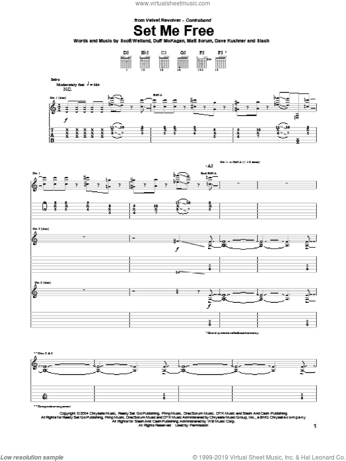 Set Me Free sheet music for guitar (tablature) by Velvet Revolver, Dave Kushner, Duff McKagan, Matt Sorum, Scott Weiland and Slash, intermediate skill level