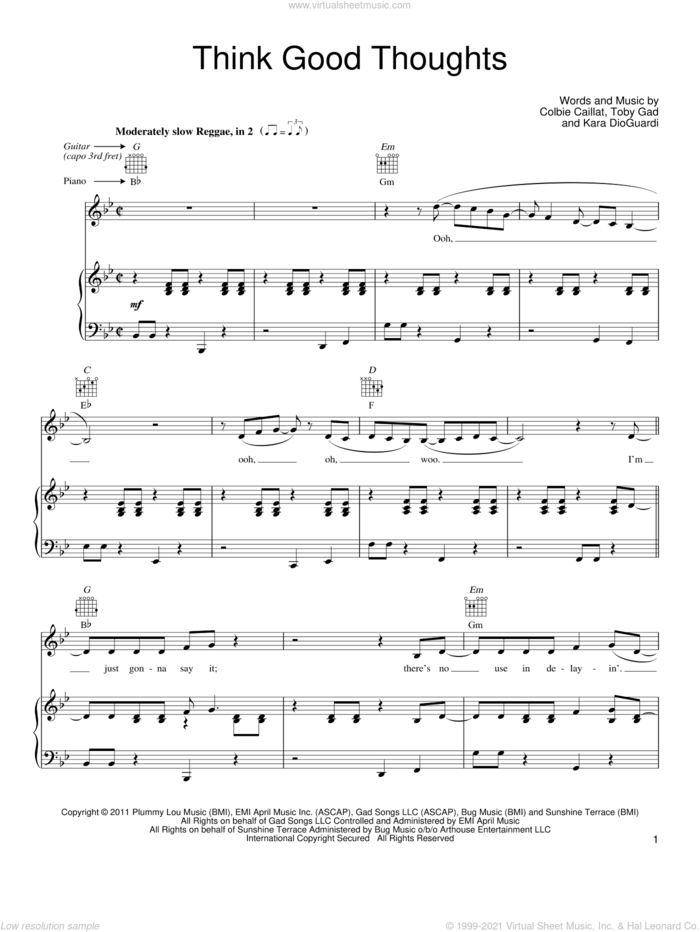 Think Good Thoughts sheet music for voice, piano or guitar by Colbie Caillat, Kara DioGuardi and Toby Gad, intermediate skill level