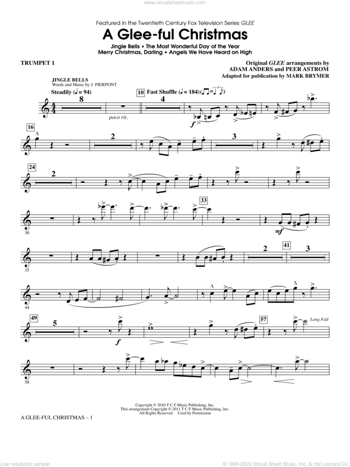 A Glee-ful Christmas (Choral Medley)(arr. Mark Brymer) sheet music for orchestra/band (trumpet 1) by Mark Brymer, Adam Anders, Glee Cast, James Chadwick, Miscellaneous and Peer Astrom, intermediate skill level