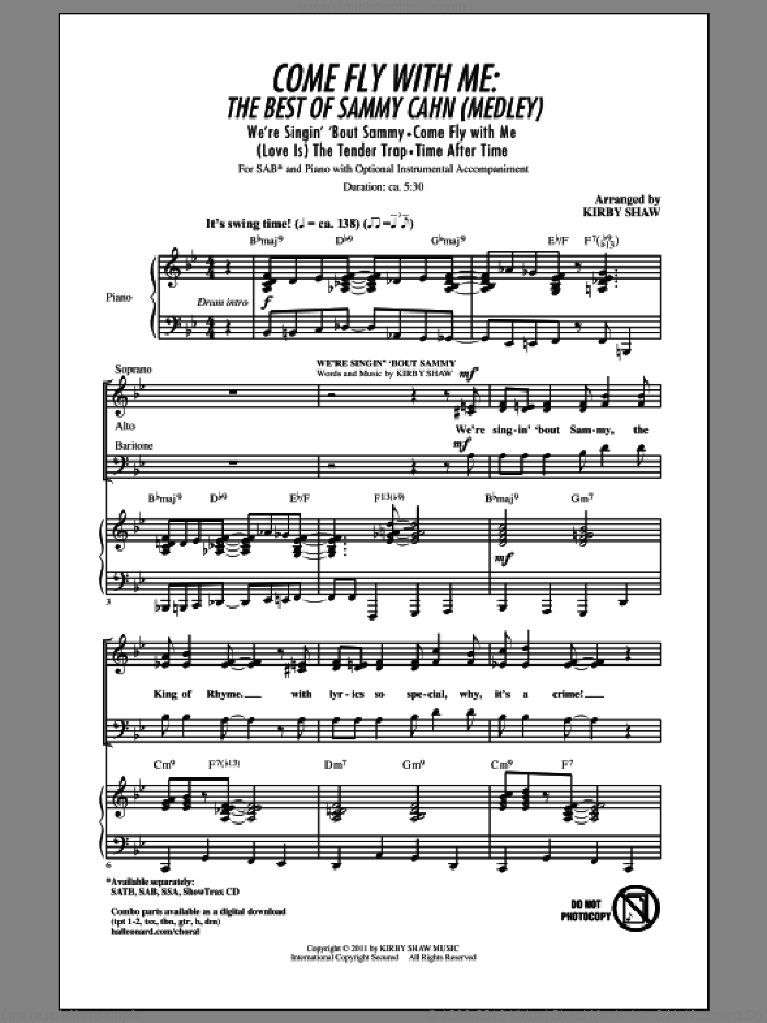 Come Fly With Me: The Best Of Sammy Cahn (Medley) sheet music for choir (SAB: soprano, alto, bass) by Jimmy van Heusen, Kirby Shaw and Sammy Cahn, intermediate skill level