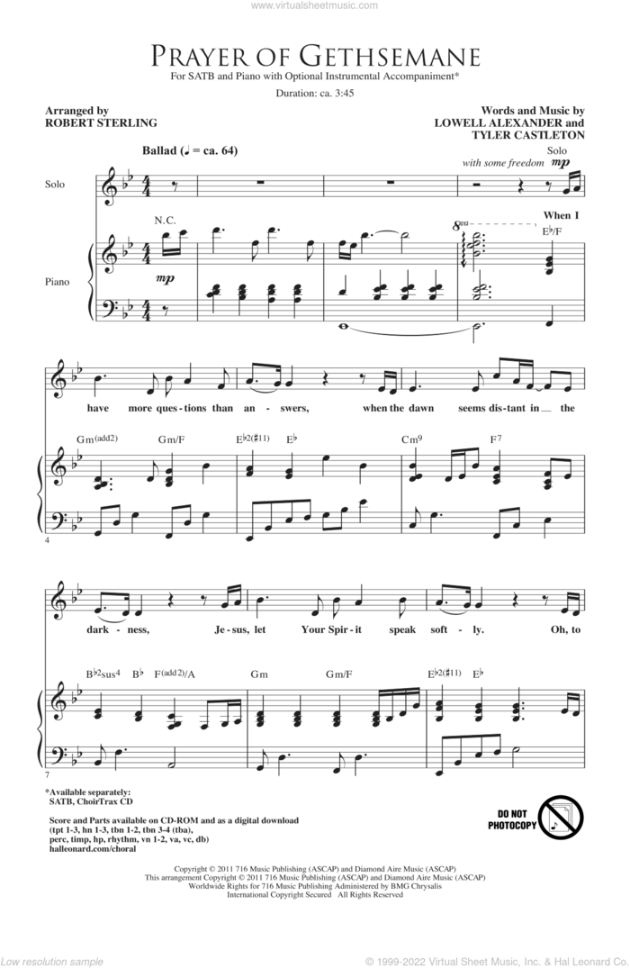 Prayer Of Gethsemane sheet music for choir (SATB: soprano, alto, tenor, bass) by Lowell Alexander, Tyler Castleton and Robert Sterling, intermediate skill level