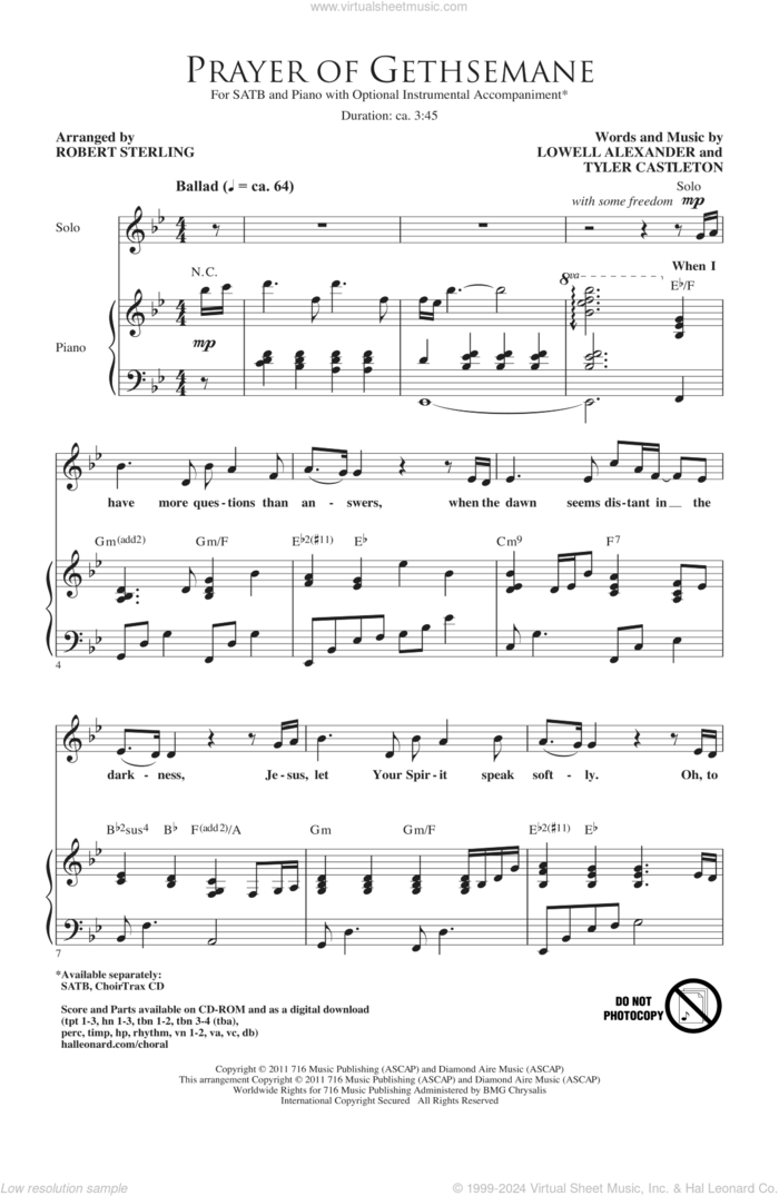 Prayer Of Gethsemane sheet music for choir (SATB: soprano, alto, tenor, bass) by Lowell Alexander, Tyler Castleton and Robert Sterling, intermediate skill level