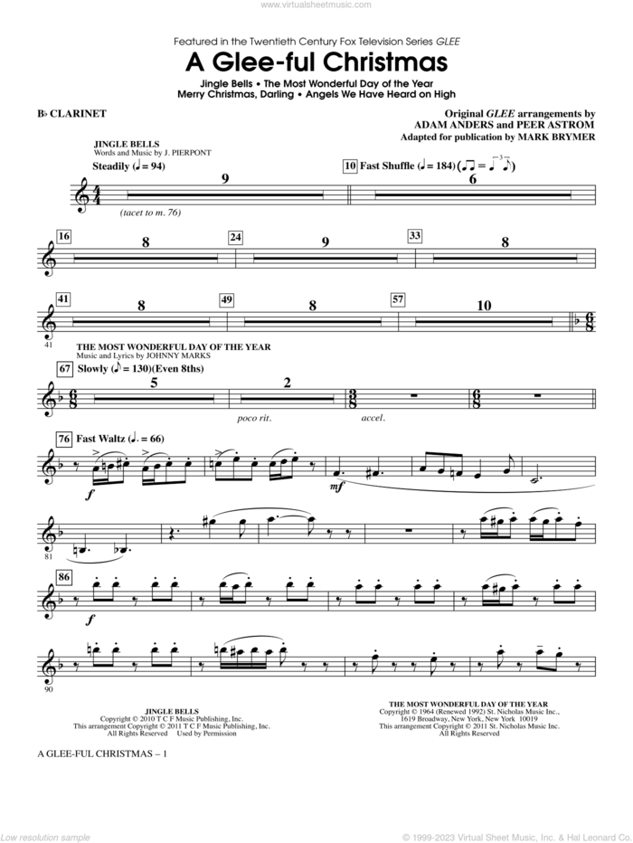 A Glee-ful Christmas (Choral Medley)(arr. Mark Brymer) sheet music for orchestra/band (Bb clarinet) by Mark Brymer, Adam Anders, Glee Cast, James Chadwick, Miscellaneous and Peer Astrom, intermediate skill level