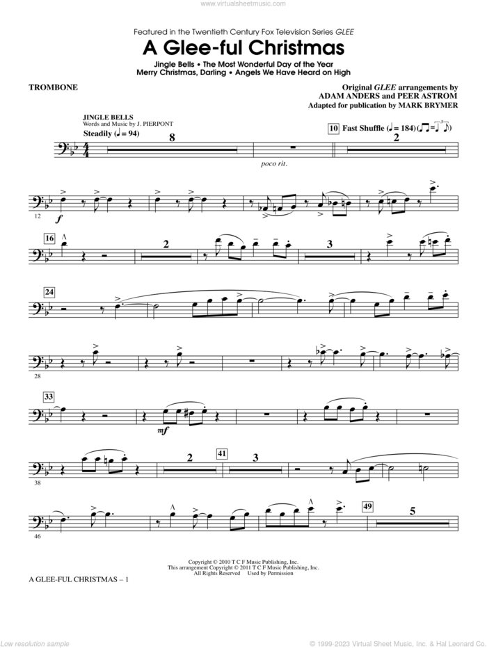 A Glee-ful Christmas (Choral Medley)(arr. Mark Brymer) sheet music for orchestra/band (trombone) by Mark Brymer, Adam Anders, Glee Cast, James Chadwick, Miscellaneous and Peer Astrom, intermediate skill level
