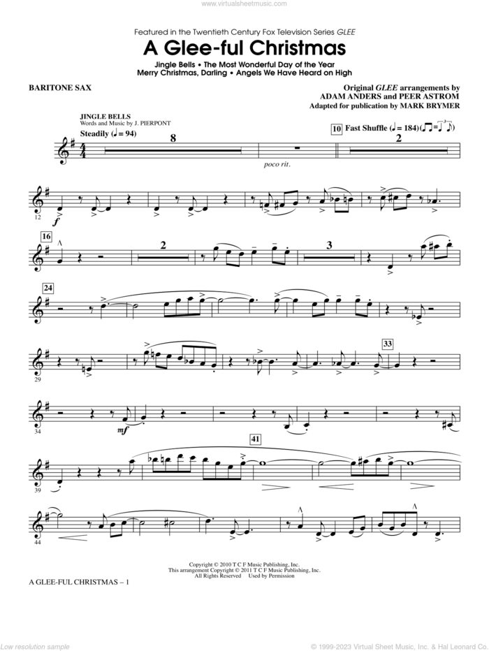 A Glee-ful Christmas (Choral Medley)(arr. Mark Brymer) sheet music for orchestra/band (baritone sax) by Mark Brymer, Adam Anders, Glee Cast, James Chadwick, Miscellaneous and Peer Astrom, intermediate skill level