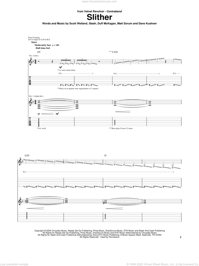 Slither sheet music for guitar (tablature) by Velvet Revolver, Dave Kushner, Duff McKagan, Matt Sorum, Scott Weiland and Slash, intermediate skill level