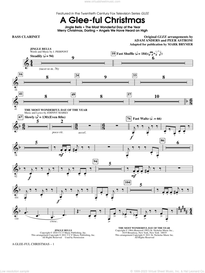 A Glee-ful Christmas (Choral Medley)(arr. Mark Brymer) sheet music for orchestra/band (Bb bass clarinet) by Mark Brymer, Adam Anders, Glee Cast, James Chadwick, Miscellaneous and Peer Astrom, intermediate skill level