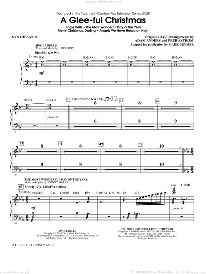 A Glee-ful Christmas (Choral Medley)(arr. Mark Brymer) sheet music for orchestra/band (synthesizer) by Mark Brymer, Adam Anders, Glee Cast, James Chadwick, Miscellaneous and Peer Astrom, intermediate skill level