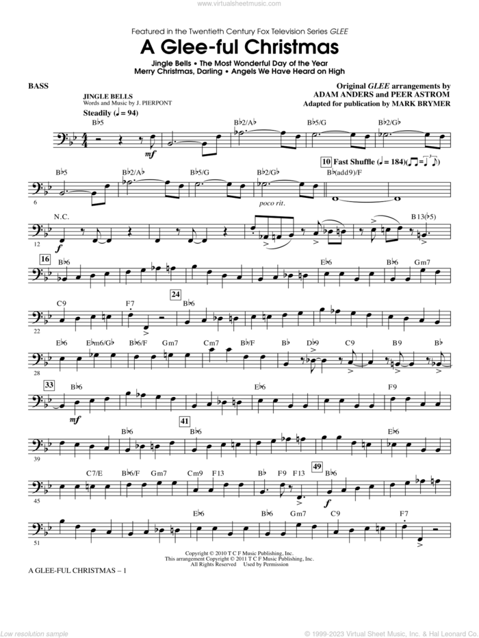 A Glee-ful Christmas (Choral Medley)(arr. Mark Brymer) sheet music for orchestra/band (bass) by Mark Brymer, Adam Anders, Glee Cast, James Chadwick, Miscellaneous and Peer Astrom, intermediate skill level