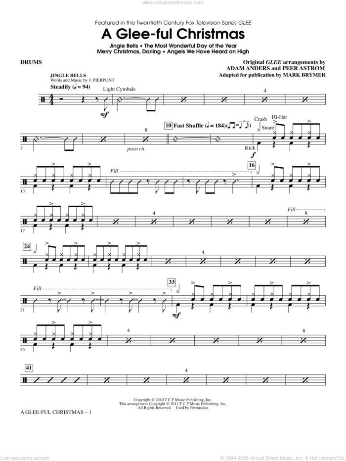 A Glee-ful Christmas (Choral Medley)(arr. Mark Brymer) sheet music for orchestra/band (drums) by Mark Brymer, Adam Anders, Glee Cast, James Chadwick, Miscellaneous and Peer Astrom, intermediate skill level