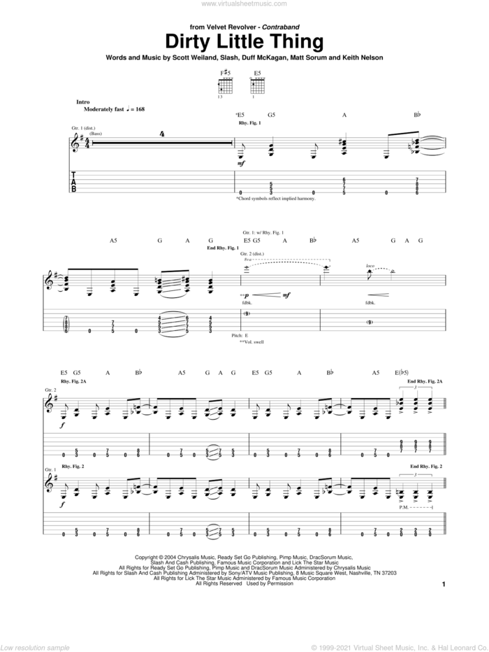 Dirty Little Thing sheet music for guitar (tablature) by Velvet Revolver, Duff McKagan, Keith Edward Nelson, Matt Sorum, Scott Weiland and Slash, intermediate skill level