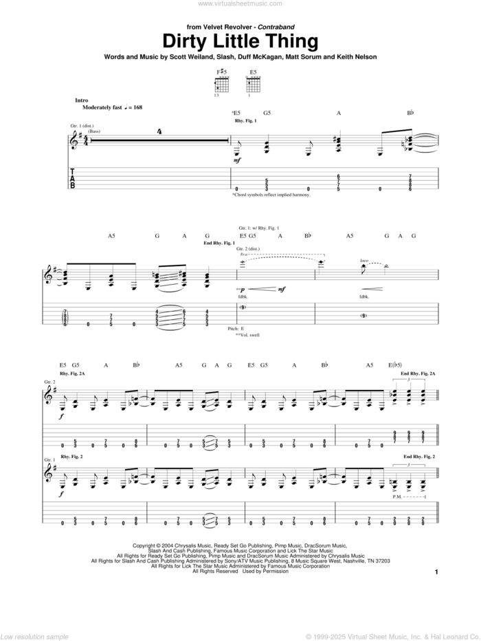 Dirty Little Thing sheet music for guitar (tablature) by Velvet Revolver, Duff McKagan, Keith Edward Nelson, Matt Sorum, Scott Weiland and Slash, intermediate skill level