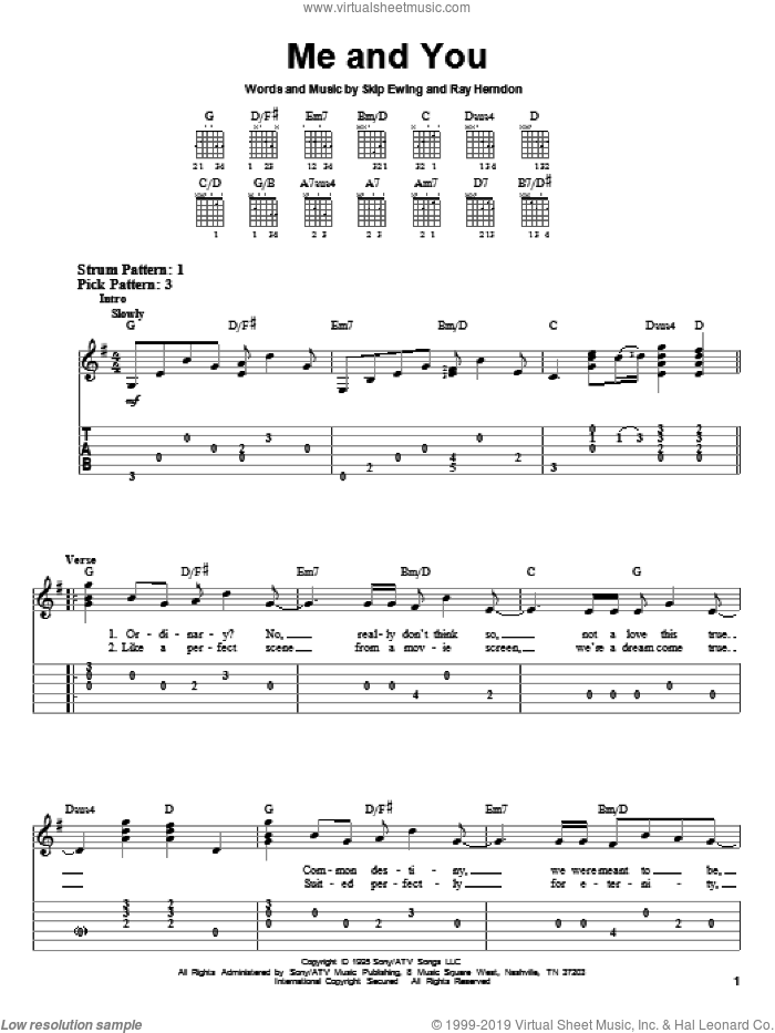 Me And You sheet music for guitar solo (easy tablature) by Kenny Chesney, Ray Herndon and Skip Ewing, wedding score, easy guitar (easy tablature)