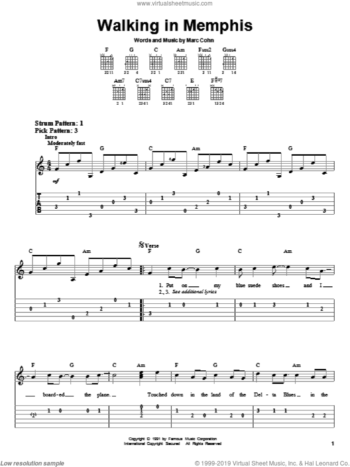 Walking In Memphis sheet music for guitar solo (easy tablature) by Lonestar and Marc Cohn, easy guitar (easy tablature)