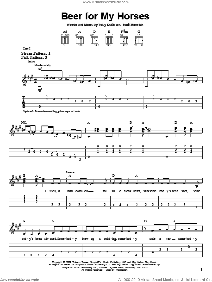 Beer For My Horses sheet music for guitar solo (easy tablature) by Toby Keith, Willie Nelson and Scotty Emerick, easy guitar (easy tablature)
