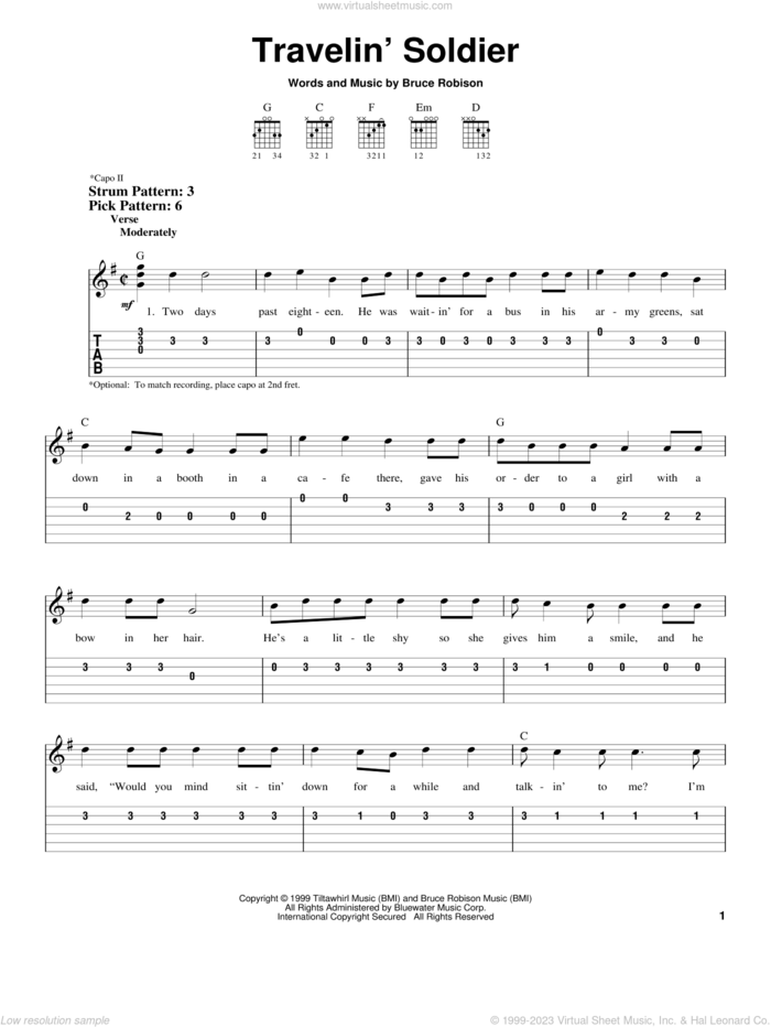 Travelin' Soldier sheet music for guitar solo (easy tablature) by The Chicks, Dixie Chicks and Bruce Robison, easy guitar (easy tablature)