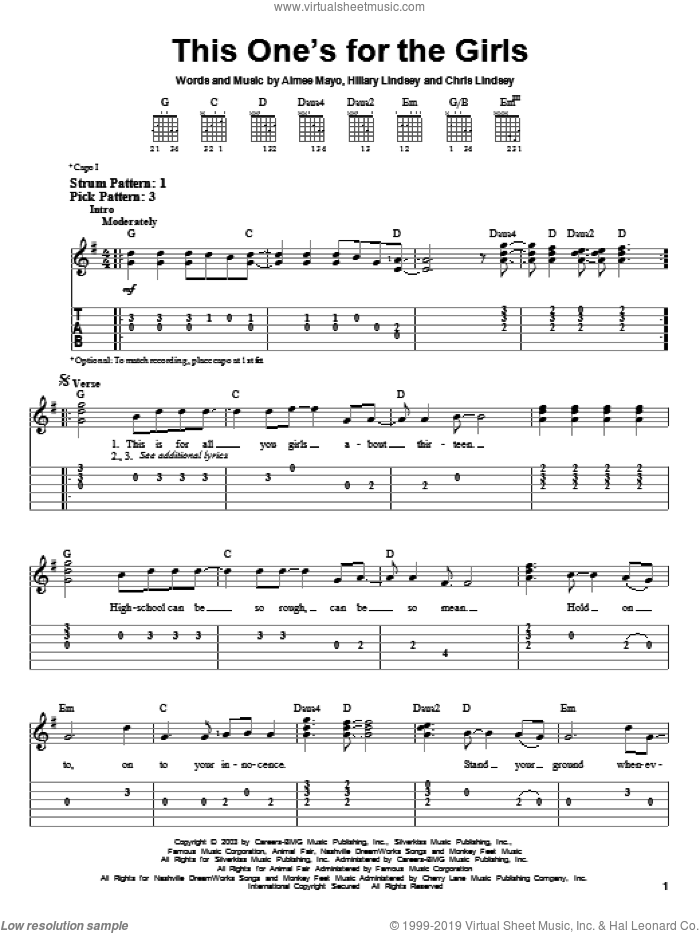 This One's For The Girls sheet music for guitar solo (easy tablature) by Martina McBride, Aimee Mayo, Chris Lindsey and Hillary Lindsey, easy guitar (easy tablature)