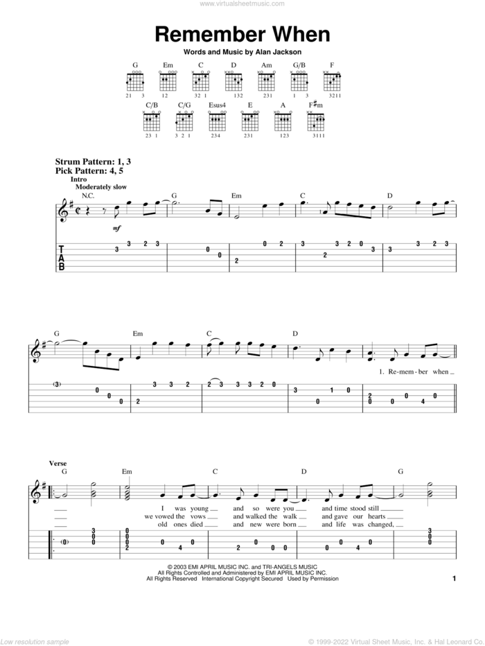 Remember When sheet music for guitar solo (easy tablature) by Alan Jackson, easy guitar (easy tablature)