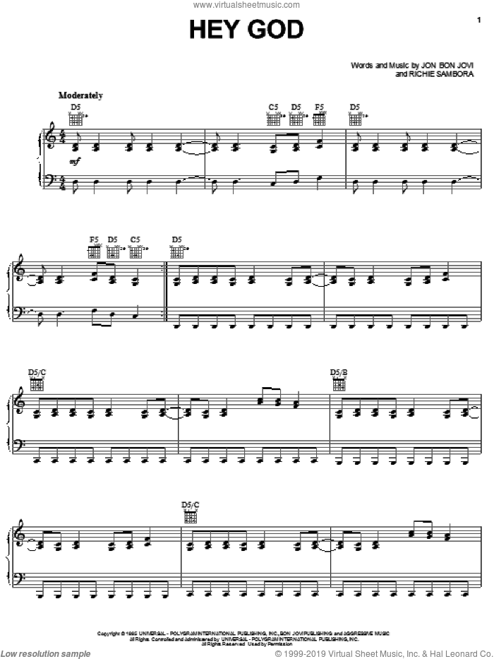 Hey God sheet music for voice, piano or guitar by Bon Jovi and Richie Sambora, intermediate skill level