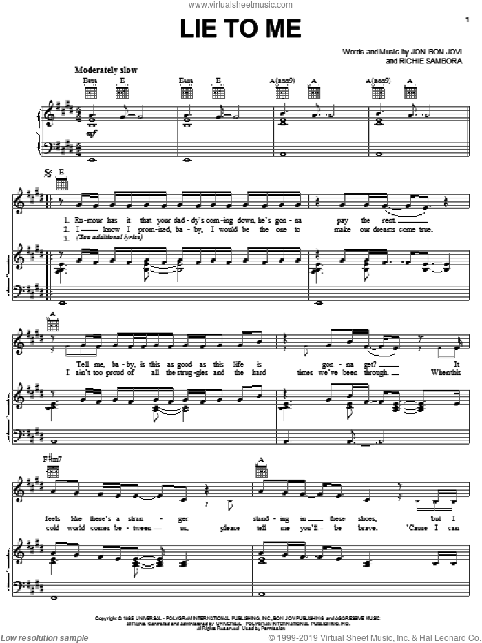 Lie To Me sheet music for voice, piano or guitar by Bon Jovi and Richie Sambora, intermediate skill level