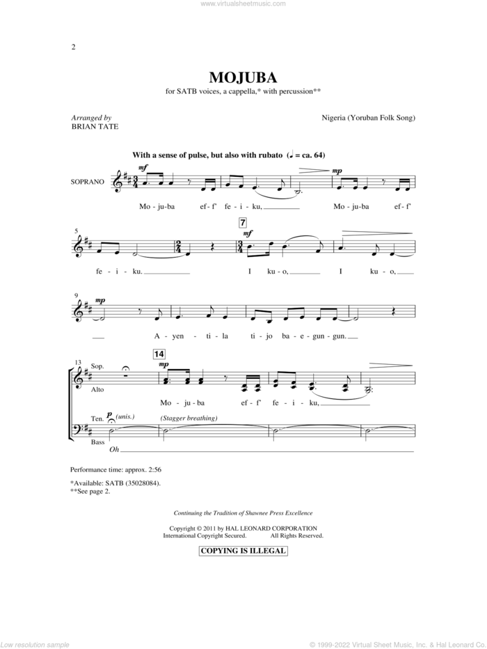 Mojuba sheet music for choir (SATB: soprano, alto, tenor, bass) by Brian Tate and Yoruban Folk Song, intermediate skill level