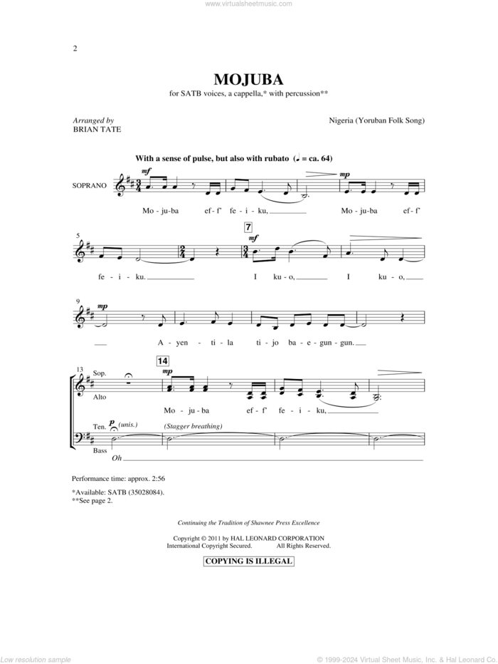 Mojuba sheet music for choir (SATB: soprano, alto, tenor, bass) by Brian Tate and Yoruban Folk Song, intermediate skill level