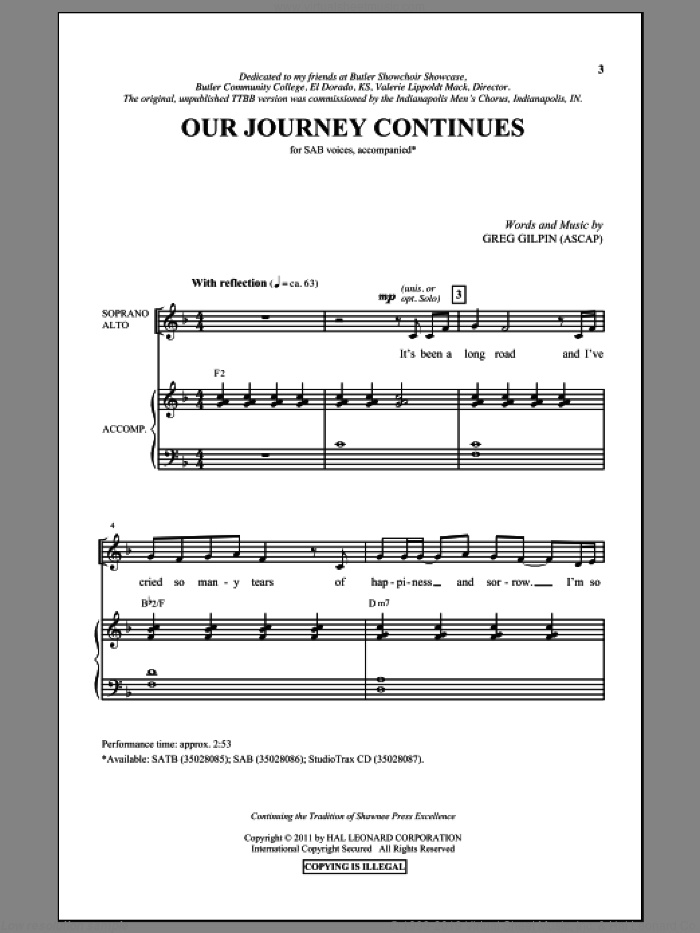 Our Journey Continues sheet music for choir (SAB: soprano, alto, bass) by Greg Gilpin, intermediate skill level