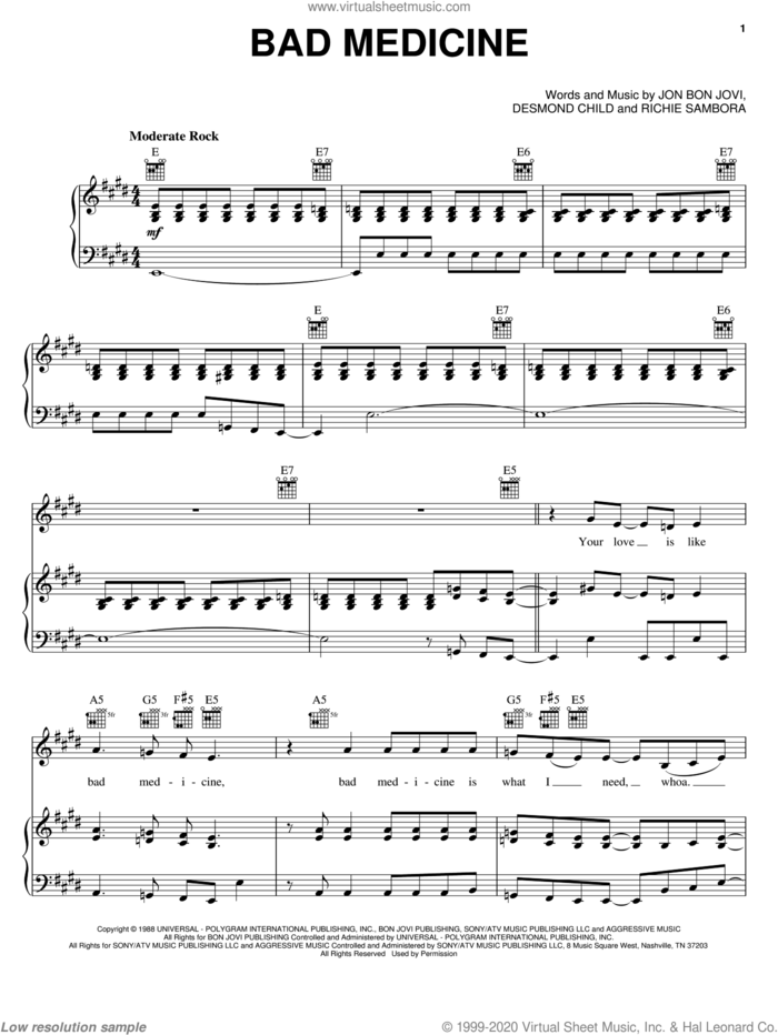 Bad Medicine sheet music for voice, piano or guitar by Bon Jovi, Desmond Child and Richie Sambora, intermediate skill level