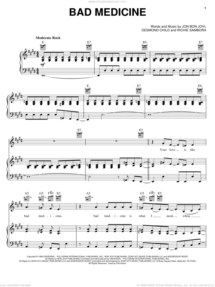 Bad Medicine sheet music for voice, piano or guitar by Bon Jovi, Desmond Child and Richie Sambora, intermediate skill level