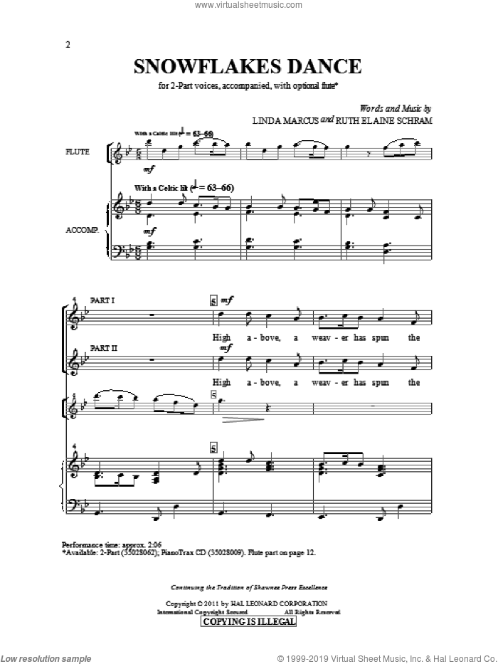 Snowflakes Dance sheet music for choir (2-Part) by Linda Marcus and Ruth Elaine Schram, intermediate duet