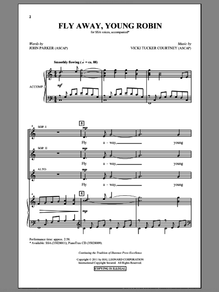 Fly Away, Young Robin sheet music for choir (SSA: soprano, alto) by John Parker and Vicki Tucker Courtney, intermediate skill level