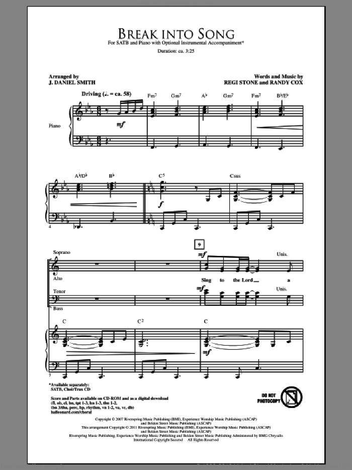 Break Into Song sheet music for choir (SATB: soprano, alto, tenor, bass) by Regi Stone, Randy Cox and J. Daniel Smith, intermediate skill level