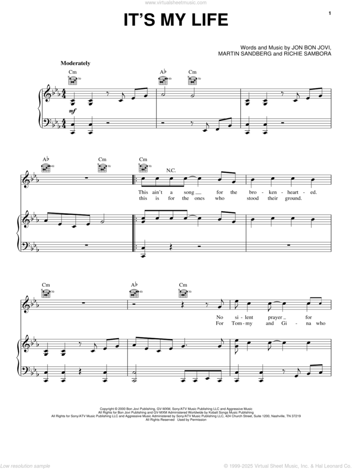 It's My Life sheet music for voice, piano or guitar by Bon Jovi, Miscellaneous, Martin Sandberg and Richie Sambora, intermediate skill level