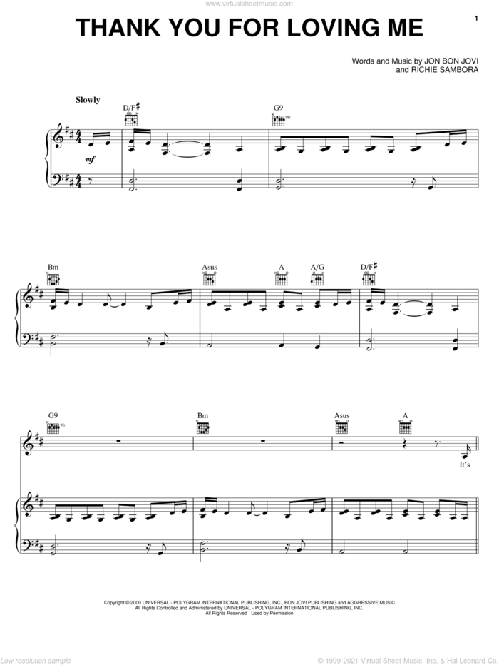 Thank You For Loving Me sheet music for voice, piano or guitar by Bon Jovi and Richie Sambora, intermediate skill level